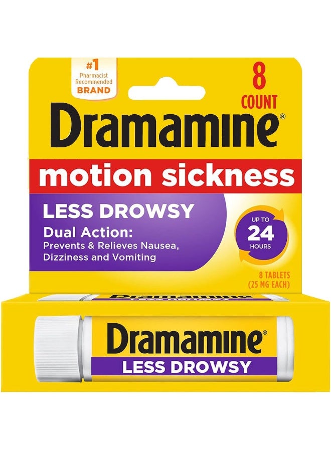 Dramamine Motion Sickness Less Drowsy, Travel Vial, 8 Count (Pack of 1) - Image 1